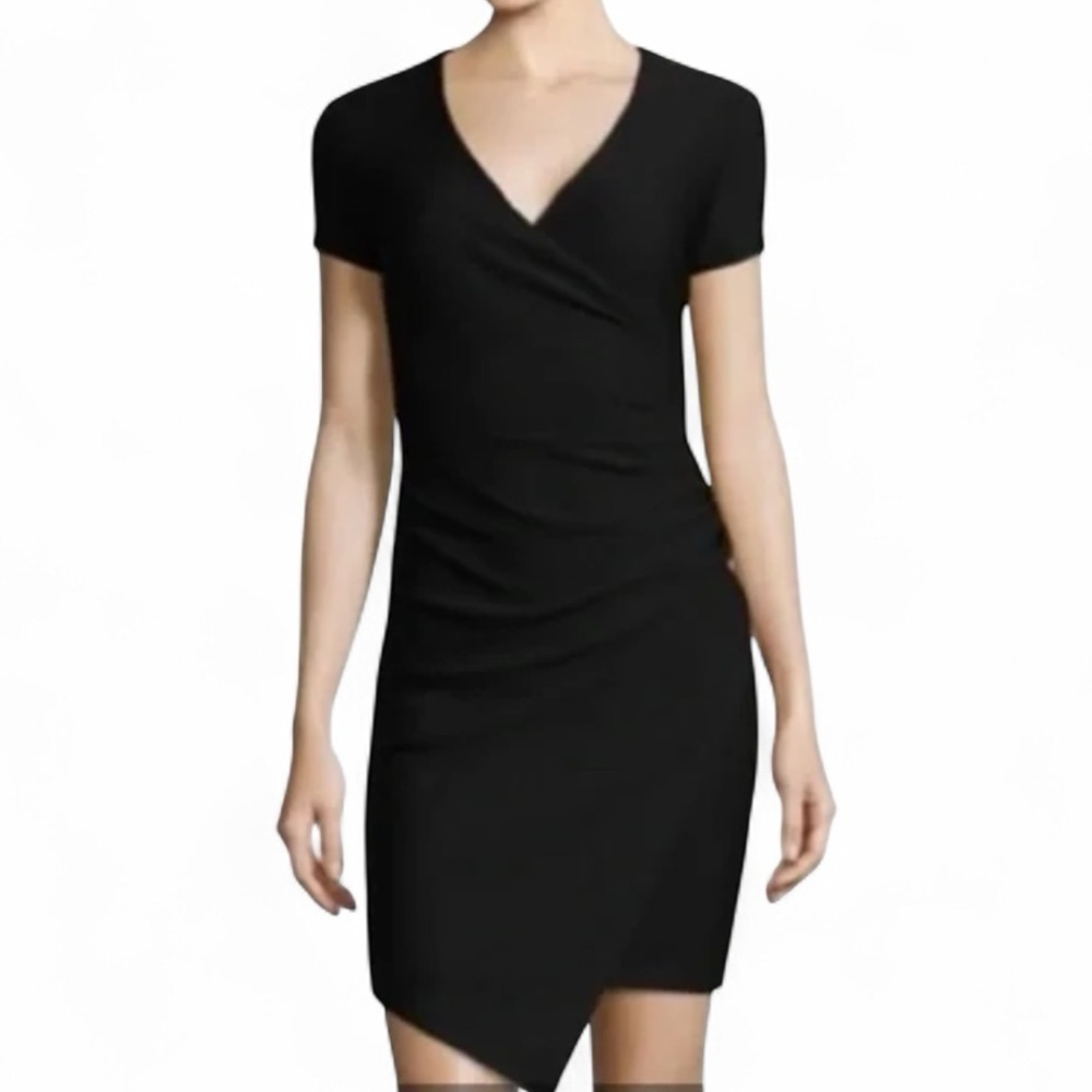 BISOU BISOU Black Asymmetrical Dress Mini Sheath Work Party Sz 4 Textured V Neck